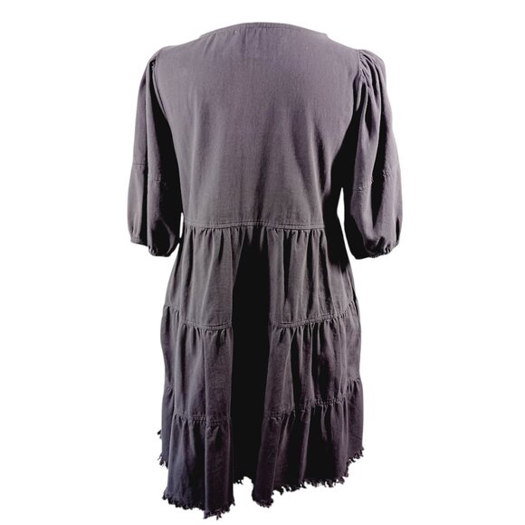 Altar'd State,  Gray Tiered Cotton Mini Dress, Size Small Short Sleeve, Fringed - Picture 3 of 16